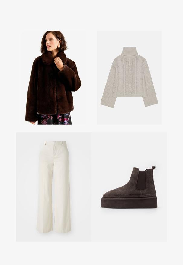 Ruda dirbtinė kailio striukė su plačiu apykakle, per dideliu kirpimu ir mygtukų užsegimu. Minkšta tekstūra, ilgomis rankovėmis ir šiek tiek sutrumpintu apačiu.; Sumažintas šviesiai pilkas megztinis su aukštu apykakle ir rūdytomis rankovėmis, su tekstūriniais kabelių raštais nugaroje ir šonuose.; Pločios kojos kelnės šviesiai bežinės spalvos, pagamintos iš lygaus audinio. Yra klasikinis juosmens dizainas ir lygūs priekiniai įsiuvai su švariomis linijomis.; Rudos gamtos nubuko Chelsea batai su elastingomis šoninėmis detalėmis ir storu, tekstūruotu platformos padu. Šiame modelyje yra kilpos elementas kulne, kuris palengvina apsiaustą.