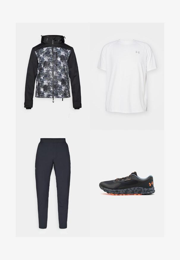 Herrenjacke mit einer schwarzen Kapuze und Ärmeln, einem camouflagemusternden Oberteil in Grautönen und Grüntönen. Mit Reißverschluss und Taschen auf der Vorderseite.; Weißes kurzärmeliges Sportshirt aus glattem Material. Mit Rundhalsausschnitt und grauem Logo auf der linken Brust, sowie seitlichen Schlitzen am Saum.; Schwarze Sporthose mit glatter Textur, schlankem Schnitt, elastischem Bund und seitlichen Taschen. Mit einem kleinen Logo auf dem linken Oberschenkel.; Schwarzer Sportschuh mit strukturierter Oberseite, grauen Akzenten, orangefarbigen Details, camouflagemusterter Sohle und Schnürsystem für einen sicheren Sitz.