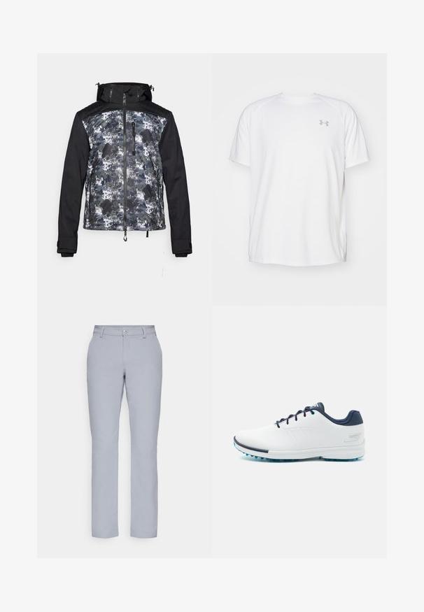 Herrenjacke mit einer schwarzen Kapuze und Ärmeln, einem camouflagemusternden Oberteil in Grautönen und Grüntönen. Mit Reißverschluss und Taschen auf der Vorderseite.; Weißes kurzärmeliges Sportshirt aus glattem Material. Mit Rundhalsausschnitt und grauem Logo auf der linken Brust, sowie seitlichen Schlitzen am Saum.; Hellgraue Hose mit geradem Schnitt, Knopfverschluss, Fronttaschen und einem glatten, strukturierten Stoff. Minimalistisches Design, keine Muster.; Weiße Sportschuhe mit einem glatten synthetischen Obermaterial, blauen Akzenten, strukturiertem marineblauen Absatz und einer leichten, genoppten Sohle für besseren Halt.