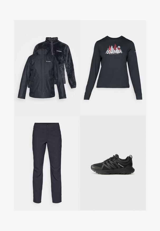Fekete vízálló kabát, több cipzáras zsebbel, elején záródik. Hátul egy sötétszürke fleece dzseki található, textúrált mintázattal és magas gallérral.; Hosszú ujjú, sötétszürke ing piros fákkal és hegyekkel díszítve; a "COLUMBIA" logó vastag fehér betűkkel. Puha anyag, klasszikus kerek nyakkivágás.; Sötétkék nadrág sima anyagból, elülső gombos záródással, slim-fit fazonnal és gyűrött részletekkel a térdeken.; Columbia PEAKFREAK - Túracipők - black