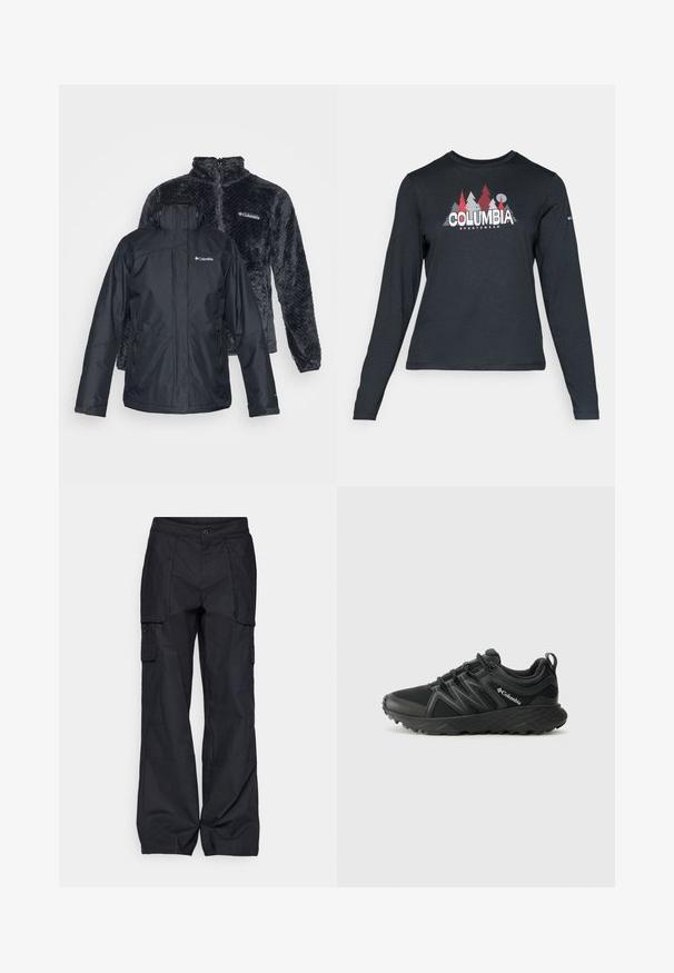 Giacca impermeabile nera con molte tasche con zip, chiusura frontale. Dietro, una giacca in fleece grigio scuro con un motivo testurizzato e colletto alto.; Maglietta a maniche lunghe grigia scura con una grafica di alberi rossi e montagne; logo "COLUMBIA" in caratteri bianchi in grassetto. Tessuto morbido, scollatura a girocollo standard.; Columbia BREA FALLS™ COTTON RIPSTOP PANT - Pantaloni outdoor - black; Columbia PEAKFREAK - Scarpa da hiking - black