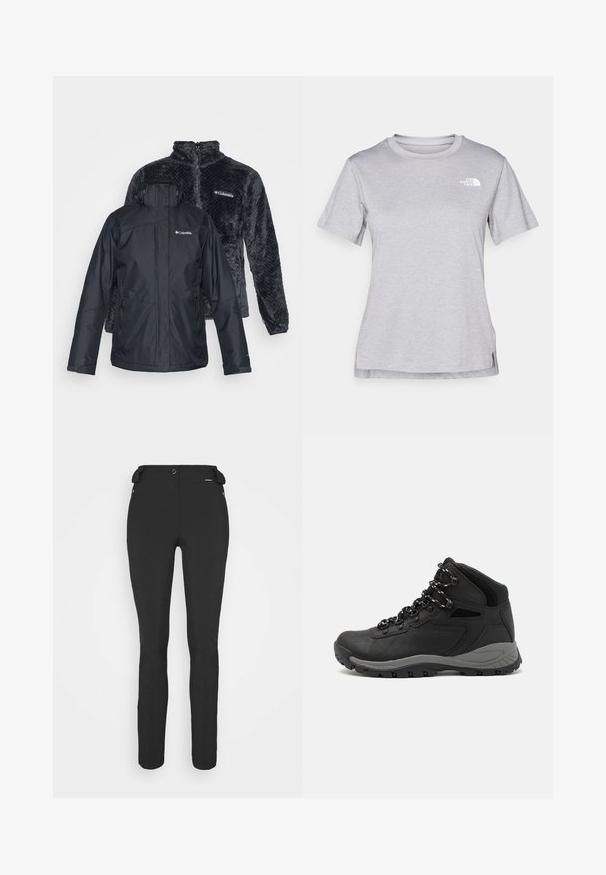 Svart vanntett jakke med flere glidelåslommer og frontlukking. Bak er det en mørkegrå fleecejakke med strukturert mønster og høy krage.; Grå kortermet t-skjorte laget av myk, fukttransporterende stoff. Har en rund hals og en liten hvit logo på øvre venstre side.; Svart, tettsittende bukser laget av et fleksibelt materiale. Funksjoner inkluderer en glidelåslukket sidelomme, artikulerte knær og en glatt tekstur.; Sorte turstøvler med mid-topp design, som har en teksturert overdel, grå detaljer og slitesterk gummisåle med godt grep.