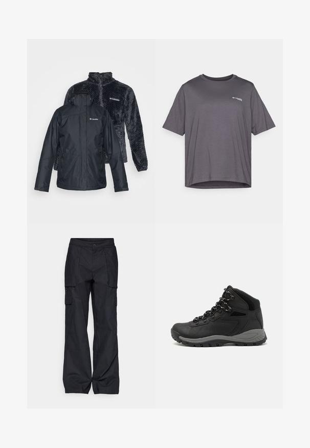 Czarna wodoodporna kurtka z wieloma zamykanymi na zamek kieszeniami, zapinana z przodu. Z tyłu ciemnoszara polarowa kurtka o teksturowanym wzorze i wysokim kołnierzu.; Szara koszulka z krótkim rękawem, wykonana z gładkiej tkaniny. Posiada okrągły dekolt oraz małe logo nadrukowane na klatce piersiowej.; Columbia - Długie spodnie trekkingowe; Czarne buty trekkingowe z średnim cholewem, z teksturowaną cholewą, szarymi akcentami oraz trwałą gumową podeszwą z wypustkami zapewniającymi przyczepność.