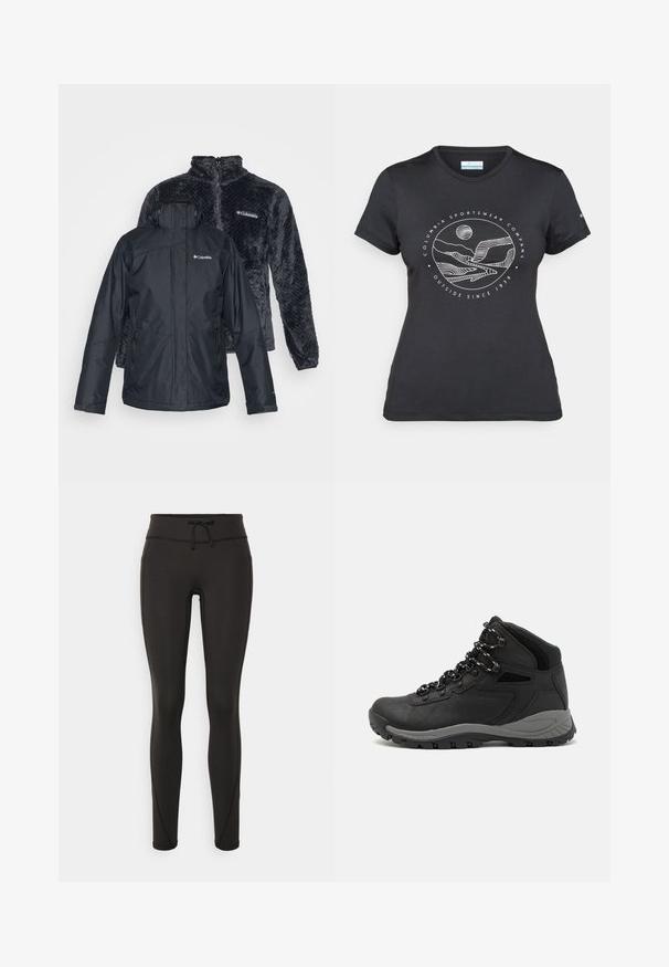 Czarna wodoodporna kurtka z wieloma zamykanymi na zamek kieszeniami, zapinana z przodu. Z tyłu ciemnoszara polarowa kurtka o teksturowanym wzorze i wysokim kołnierzu.; Czarny t-shirt Columbia z białą okrągłą grafiką gór i rzeki oraz napisem "Columbia Sportswear Company Outside Since 1938."; Czarne legginsy z wysokim stanem, sznurkiem do regulacji, gładką teksturą i dopasowanym krojem. Posiadają detale w postaci przeszyć po bokach.; Czarne buty trekkingowe z średnim cholewem, z teksturowaną cholewą, szarymi akcentami oraz trwałą gumową podeszwą z wypustkami zapewniającymi przyczepność.