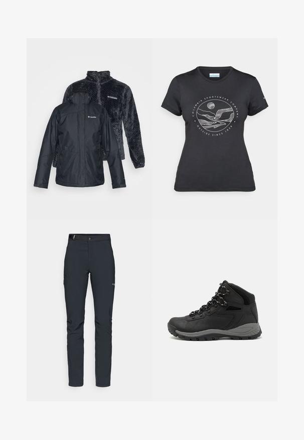 Giacca impermeabile nera con molte tasche con zip, chiusura frontale. Dietro, una giacca in fleece grigio scuro con un motivo testurizzato e colletto alto.; Maglietta nera Columbia con arte lineare bianca di una montagna circolare e un fiume, e il testo "Columbia Sportswear Company Outside Since 1938."; Pantaloni da uomo per attività all'aperto, grigio scuro, realizzati in materiale elastico, dotati di cintura, tasche con zip e cuciture rinforzate.; Stivale da trekking nero con design a metà altezza, dotato di una tomaia texturizzata, accenti grigi e suola in gomma resistente con tasselli per la trazione.