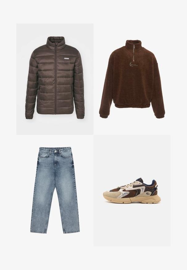 Jack & Jones JJVINCENT PUFFER COLLAR - Kerge jope - chocolate brown; Pruun fliispusa kõrge kraega, pool tõmblukk ees ja pikad varrukad. Rinnal on valge logo. Pehme, tekstuuriga kangas.; Heledad sinine teksad sirge lõikega, nähtavate õmblustega, viie taskuga disain ja nupuga kinnitamine vööl.; Beige ja pruun tenniset, millel on tekstuuriga võrgupaneelid, sametised aktsendid ja kummist tald. Omab nöörimise disaini ja bränditud detaile.