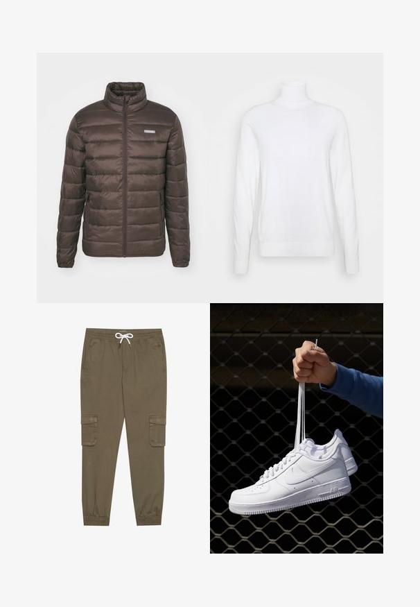 Jack & Jones JJVINCENT PUFFER COLLAR - Light jacket - chocolate brown; White turtleneck sweater with long sleeves, made of smooth fabric. Features a fitted design and ribbed cuffs and hem. No patterns or accents.; Khaki cargo pants with an elastic waistband and drawstring, featuring side pockets and cuffed ankles. Made from a textured, lightweight material.; White leather sneakers with perforations, round toe, flat sole, and thick laces, featuring a visible swoosh logo and "AIR" on the heel.
