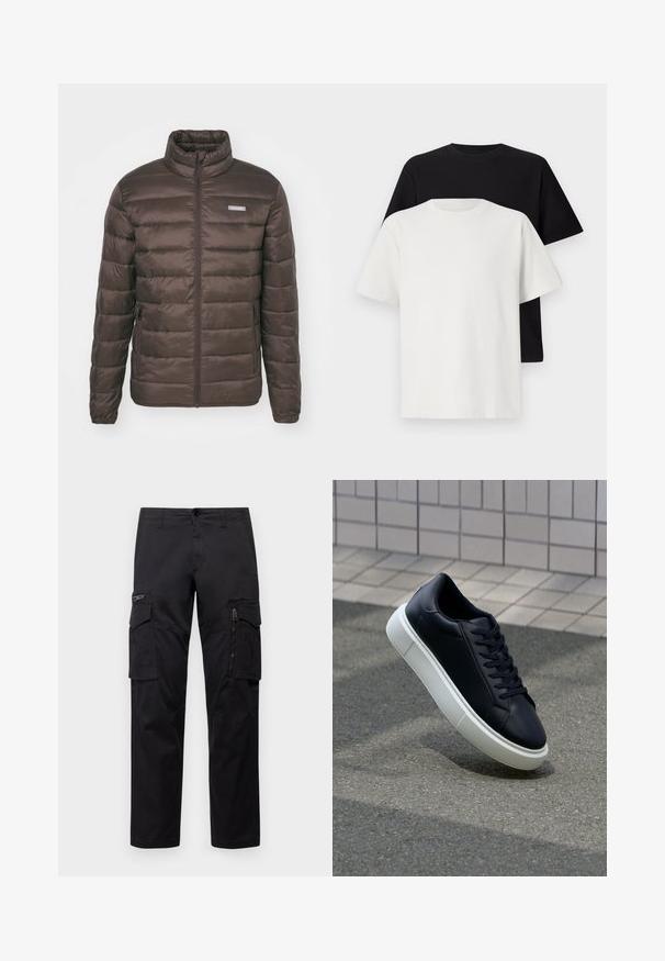 Jack & Jones JJVINCENT PUFFER COLLAR - Lett jakke - chocolate brown; Sett med bomull t-skjorter bestående av en svart topp og en hvit topp, begge med korte ermer, rund hals og standard passform. Teksturet stoff.; Sorte cargo bukser med flere lommer, en lynlåslomme på låret, rett passform og solid bomullsstoff med lett glans.; Sorte skinnsneakers med rund tå og hvit gummisåle. Har flate lisser og minimal søm på overdelen. Strukturert såle for grep.