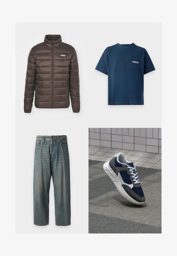 Jack & Jones JJVINCENT PUFFER COLLAR - Casaco leve - chocolate brown; Camiseta de algodão azul marinho com mangas curtas e decote redondo. Apresenta um pequeno logótipo branco na área do peito esquerdo. Textura suave.; Jeans de ganga azul claro com um corte solto, cintura média e pernas retas. Apresenta cinco bolsos, passadores de cinto e fecho com botão.; Sapatilha com parte superior em malha azul-marinho, detalhes em camurça cinza, sola de borracha branca e atacadores brancos planos, projetada para conforto e respirabilidade.