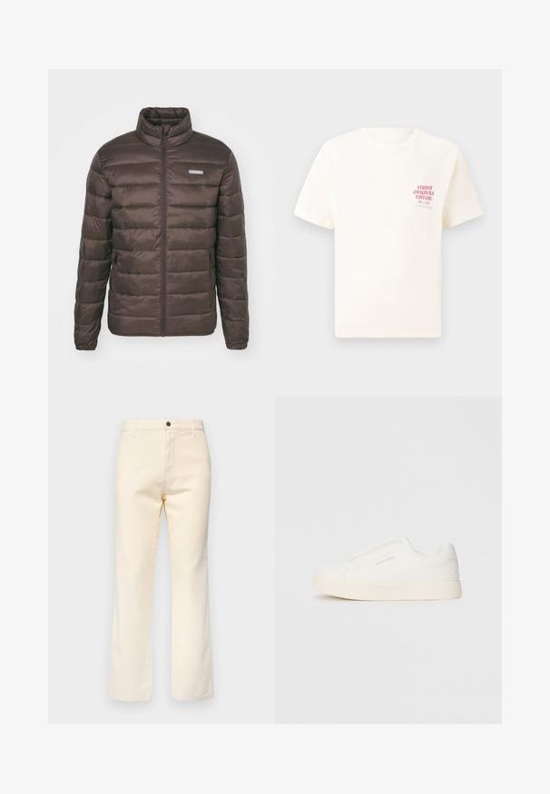 Jack & Jones JJVINCENT PUFFER COLLAR - Light jacket - chocolate brown; White short-sleeve T-shirt with red text "Studio Originals Edition" on left chest, displayed on a neutral gray background.; Cream-colored cotton jeans with a straight leg design, featuring a front button closure and standard five-pocket styling.; White slip-on sneakers with a textured surface, a thick sole, and minimalistic design. Features brand logo on the side.