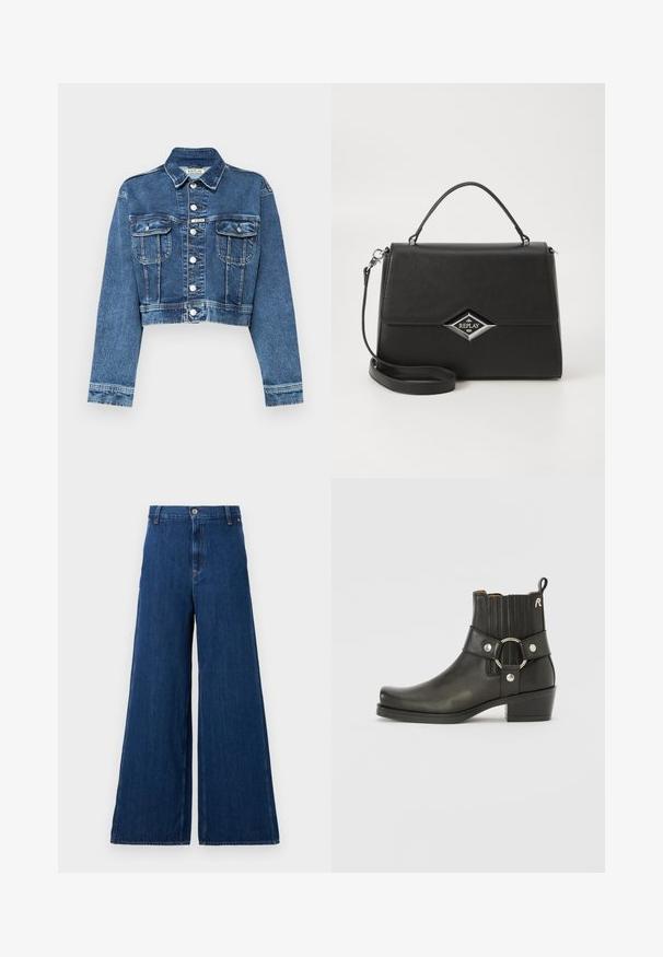 Κοντό τζάκετ από μπλε τζιν με μπροστινές τσέπες, ασημένια κουμπιά και μία μικρή ετικέτα λογότυπου. Διαθέτει κλασικό γιακά και κανονικά μακριά μανίκια.; Replay SQUARED NECK  - Μπλούζα με μακριά μανίκια - red; Replay PANTS - Straight leg jeans - dark blue; Μαύρη δερμάτινη ankle boot με στρογγυλή μύτη, ραβδωτές ελαστικές πλευρές, μεταλλική λεπτομέρεια και χαμηλό χοντρό τακούνι.; Μαύρη συνθετική τσάντα με δομημένο σχέδιο, επάνω χερούλι, αποσπώμενος ιμάντας ώμου και ασημένιο διαμαντένιο λογότυπο στο μπροστινό μέρος.