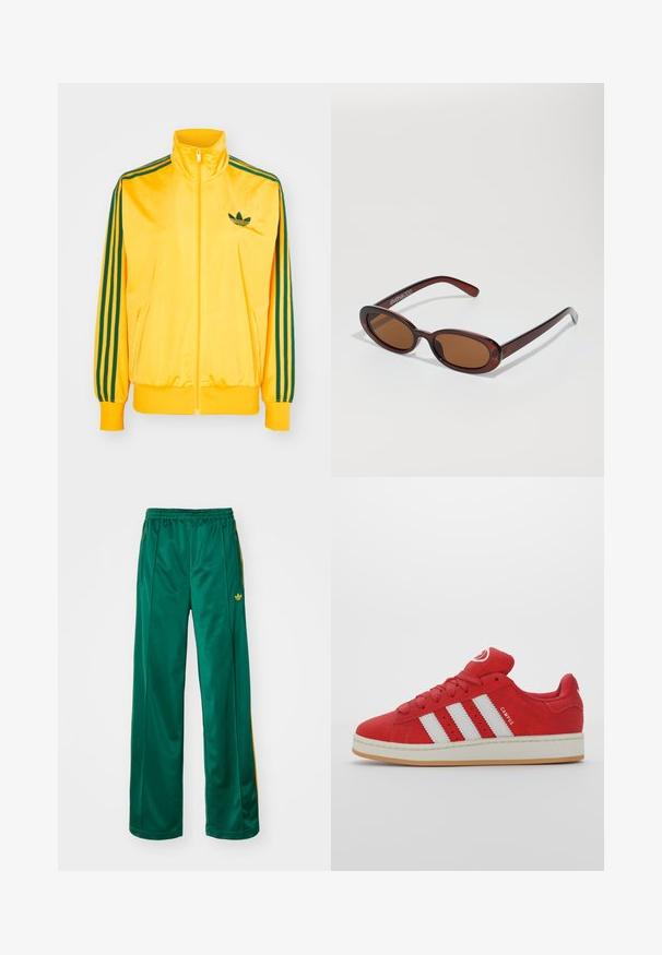 Jaqueta de desporto amarela com fecho éclair em material de veludo, com detalhes em verde nas mangas e logótipo bordado no peito.; Camisa de manga longa em tecido creme, apresentando um leve franzido nas laterais e um colarinho clássico. Textura suave, design simples.; Calças de atletismo em cetim verde com um ajuste descontraído, apresentando detalhes em amarelo e um logótipo bordado no lado esquerdo. Cintura elástica.; Ténis em camurça vermelha com três riscas brancas, sola de borracha, ponta arredondada e língua acolchoada, com detalhe "CAMPUS" na lateral.; Óculos de sol redondos, com uma tonalidade castanha e uma armação glossy em bordeaux. Braços finos com um detalhe discreto de marca. Design de lentes planas.