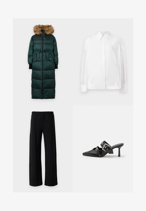 Zöld puffertakaró szőrmebéléses kapucnival, megkötős derékkal, hosszú ujjakkal, cipzáras záródással és két oldalsó zsebbel. Texturált, steppelt kialakítás.; Fehér, hosszú ujjú, gombos ing sima pamut keverékből. Klasszikus gallérral, elöl gombos záródással és lekerekített mandzsettával rendelkezik.; Fekete egyenes lábú nadrág rugalmas derékkal és finom textúrával az anyagban, fehér háttéren.; Fekete magassarkú mules, hegyes orral, sima bőrből készült. Széles bokapántja van, négyzet alakú ezüst csattal és szegecsekkel.