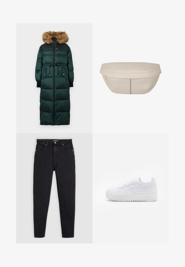 Groene pufferjas met een capuchon met bonttrimming, een cinched taille, lange mouwen, ritssluiting en twee zijzakken. Getextureerd, gestikt ontwerp.; Witte katoenen t-shirt met korte mouwen en een ronde hals. Bevat een klein rood Levi's-logo op de linkerborst.; Zwarte slim-fit jeans met knoop- en ritssluiting, vijf-vakken ontwerp en ceintuurlussen op een lichtgrijze achtergrond.; Witte platform sneakers met een gladde leertextuur, geperforeerde details en platte veters; voorzien van een dikke witte rubberen zool.; Beige stoffen zakje met een afgeronde vorm, voorzien van een platte bovenkant en subtiele naaddetails. Inclusief een minimalistisch logo en een zijstrap.