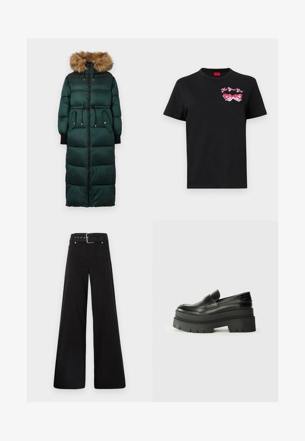 Grøn pufferjakke med hætte i pelskant, indsnøret talje, lange ærmer, lynlås-lukning og to sidelommer. Struktureret, quiltet design.; Sort bomulds t-shirt med korte ærmer, der har et pink grafisk motiv af solbriller og teksten "Not Your Girl" på venstre brystområde.; Sorte brede bukser lavet af bomuld, med høj talje, store sidelommer og en bæltestrop med sølvfarvede detaljer.; Sorte læder loafers med en kraftig platformsål. Rund tå, forkant-søm detalje og subtile syninger. Flad, struktureret ydersål.