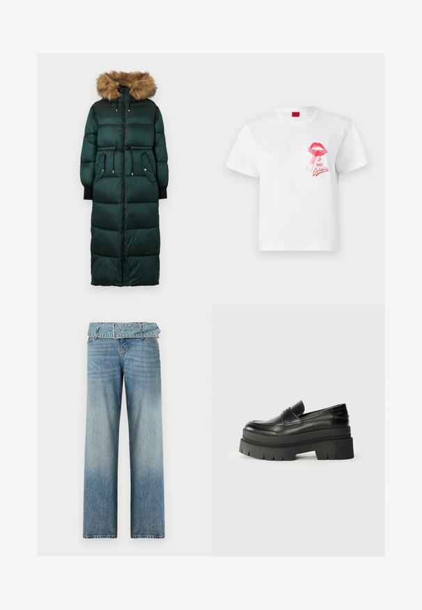 Zaļš pūkains mētelis ar kažokādas apdari uz kapuces, ar sašaurinātu jostu, garām piedurknēm, rāvējslēdzēja aizdari un divām sānu kabatām. Struktūrēts, quiltots dizains.; Balta kokvilnas T-krekls ar īsām piedurknēm, ar rozā lūpu druku un lūpu krāsas grafiku, kā arī tekstu "La Nuit Devious."; Gai zila džinsu bikses ar plašu kāju dizainu, ar saderīgu jostu pie vidukļa un pakāpenisku izbalēšanu no tumšas uz gaišu.; Melnas ādas loafers ar masīvu platformas zoli. Noapaļota purngala forma, priekšējā šuvju detaļa un smalki šuvju akcenti. Plakana, teksturēta zole.