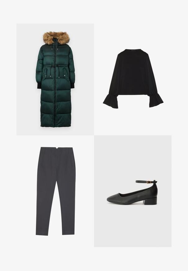 Roheline puffer jope, millel on karvase servaga kapuuts, sisse tõmmatud vöökoht, pikad varrukad, lukuga kinnitamine ja kaks külje taskut. Tekstuuriga, tikitud disain.; Mustsärgid musta tooniga, pika varrukaga, flöödid käised, pehme tekstuur ja vabalt langev lõige, lihtsa ümaraga kaelusega.; Tumed hallid kitsad püksid küljetaskute ja esikortsudega, loodud kohandatud istuvuse jaoks.; Must mustaapp, millel on terav nina ja madal blokk-kand. Omab pahkluu rihma koos kuldse tooni pandlaga. Sile tekstuur.
