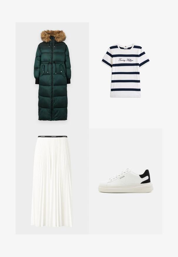 Vihreä puhvitakki, jossa on turkiskääntöhuppu, kireä vyötärö, pitkät hihat, vetoketjusulkeminen ja kaksi sivutaskua. Rakenne on teksturoitu ja tikattu.; Puuvillainen t-paita, jossa on vaakasuoria tummansinisiä raitoja valkoisella taustalla. "Tommy Hilfiger" brodeerattu kursiivilla rintamuksessa. Pyöreä kaula-aukko.; Hame valkoinen pliseerattu hame mustalla joustavalla vyötäröhihnalla, jossa on "LACOSTE"-logo. Puolipitkä malli pehmeällä tekstuurilla.; Valkoiset nahkakengät paksulla valkoisella pohjalla, mustalla mokkanahkaosuudella kannassa ja kohokuvioitu logo sivulla. Nauhakeskitys kuudella reiällä.