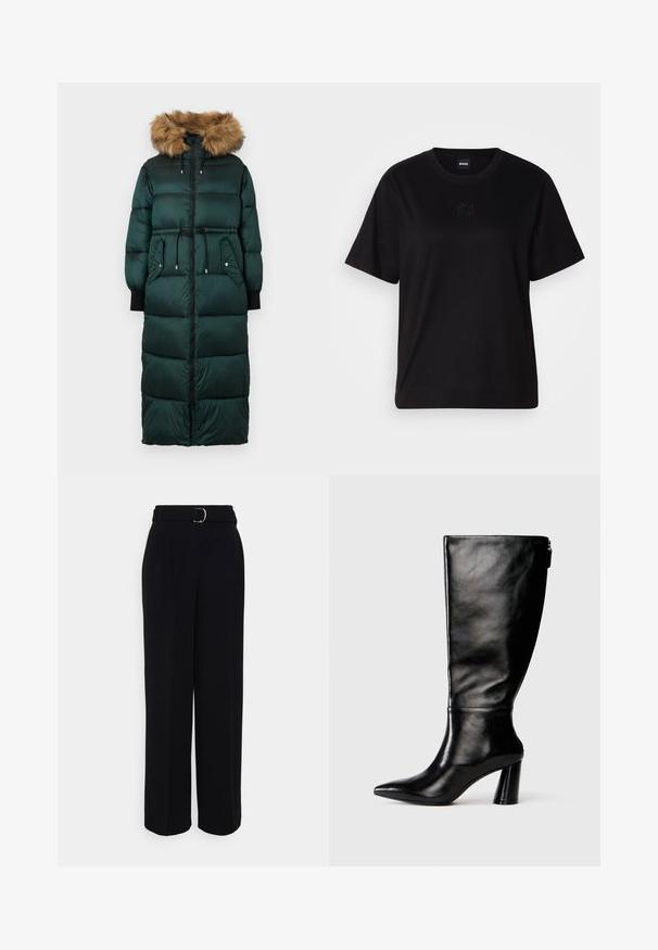 Zelená bundy s kapucňou so srstným lemovaním, s užším pásom, dlhými rukávmi, zipsom a dvoma bočnými vreckami. Textúrovaný, prešívaný dizajn.; Čierne bavlnené tričko s okrúhlym výstrihom, krátkymi rukávmi a vyšívaným logom na hrudi. Jednoduchý, voľný strih bez vzorov.; Čierne upravené nohavice s širokým strihom, s opaskom so striebornou sponou, záhybmi a hladkou textúrou látky.; Čierna kožená čižma po kolená s špicatou špičkou, hladkou textúrou a masívnym opätkom. Obsahuje detail zipsu na zadnej strane.