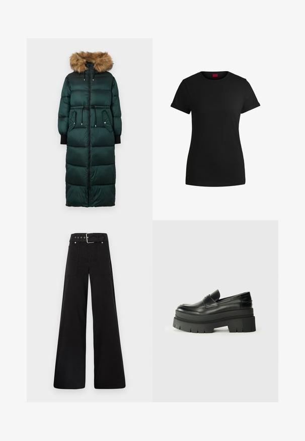 Žalias pūkinis paltas su kailiu apdailinta kapuce, susiaurinta juosmenyje, ilgomis rankovėmis, užtrauktuku ir dviem šoninėmis kišenėmis. Strukturizuotas, siuvinėjimo dizainas.; Juodas medvilninis marškinėlis su trumpomis sukamuojamomis rankovėmis, apvaliu iškirpimu ir raudona etikete. Lygus audinys, prigludusi forma su minimaliais papuošimais.; Juodos plačios kojų kelnės, pagamintos iš medvilnės, su aukšta liemene, didelėmis šoninėmis kišenėmis ir diržu, papuoštu sidabriniais akcentais.; Juodos odinės loafers tipo bateliai su masyviu platformos padu. Suapvalintas pirštas, priekinė siuvimo detalė ir subtilūs siuvinėjimo akcentai. Lygus, tekstūruotas padas.