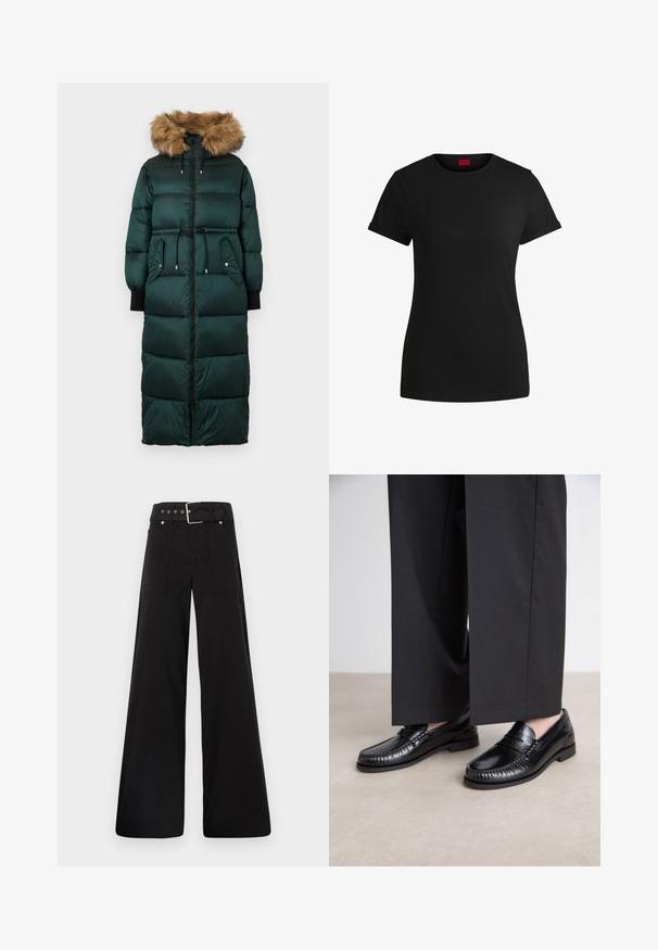 Giacca puffa verde con cappuccio rifinito in pelliccia, vita aderente, maniche lunghe, chiusura con zip e due tasche laterali. Design testurizzato e trapuntato.; T-shirt in cotone nero con maniche corte arrotolate, scollatura rotonda e etichetta rossa. Texture liscia, forma aderente con dettagli minimi.; Pantaloni neri a gamba larga realizzati in cotone, con vita alta, ampie tasche laterali e vita con cintura arricchita da dettagli in metallo argentato.; Mocassini in pelle nera con una finitura liscia, dettagli cuciti attorno alla punta e suola in gomma bassa. Abbinati a pantaloni neri larghi.