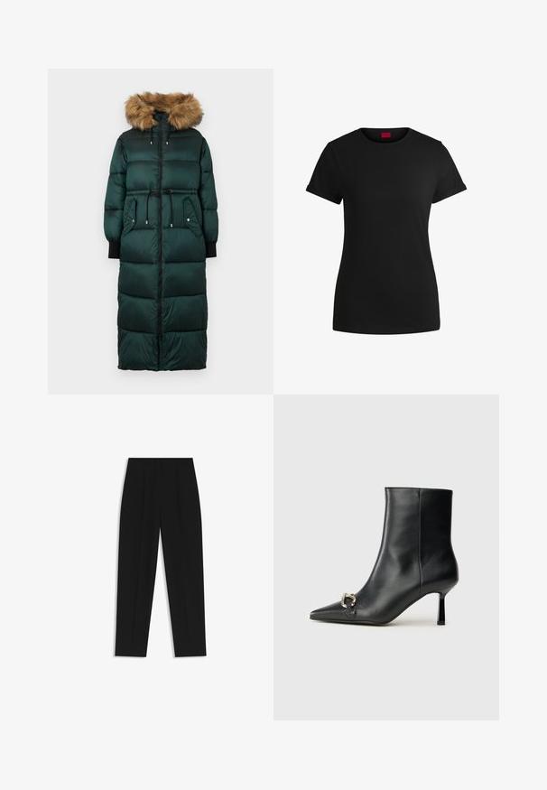 Green puffer coat with a fur-trimmed hood, cinched waist, long sleeves, zip closure, and two side pockets. Textured, quilted design.; Black cotton t-shirt with short rolled sleeves, a round neckline, and a red label. Smooth texture, fitted shape with minimal detailing.; Black trousers with a straight fit, featuring double pleats, a smooth texture, and a classic waistband design. No visible hardware or accents.; Black leather ankle boot with pointed toe, slim mid-height heel, and silver buckle detail on side against plain background.