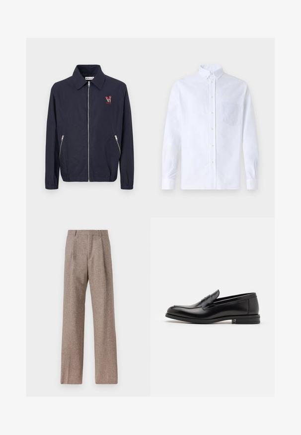 Tumši zila viegla jaka ar garām piedurknēm, ar rāvējslēdzēju, sānu kabatām un sarkanu izšūtu logotipu uz kreisā krūts.; Balts garo piedurknēm krekliņš ar pogām, izgatavots no kokvilnas, ar krūšu kabatu ar tonālu izšuvumu, apkakli un pogām pie piedurknēm.; Brūni, augstos šortos izgatavoti no teksturēta auduma. Iezīmē plašas kājas un divas priekšējās krokas, kas nodrošina struktūru. Kārtīga apdare bez redzamām detaļām.; Melnas ādas kurpes ar gludu tekstūru, noapaļu purngalu un dekoratīvu siksniņu pāri priekšpusei. Zems sakrauts papēdis, minimālisma dizains.