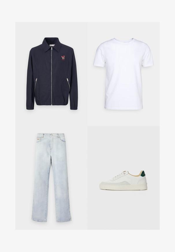 Jachetă ușoară de culoare albastru marin, cu mâneci lungi, închidere cu fermoar, buzunare laterale și un logo brodat roșu pe pieptul stâng.; Tricou alb cu mânecă scurtă din material de bumbac, cu guler rotund. Design simplu, fără tipare sau accente. Textură netedă.; Blugi din denim albastru deschis cu un design drept, având un sistem de închidere cu buton, cinci buzunare și cusături contrastante.; Sneaker alb cu accente din suede, vârf rotund, șireturi plate și o talpă din cauciuc crem. Are un logo verde pe călcâie.