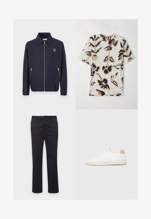 Sötétkék, könnyű dzseki hosszú ujjakkal, cipzárral, oldalsó zsebekkel és piros hímzett logóval a bal melleden.; Rövid ujjú póló, puha anyagból készült, krém színű háttérrel, fekete, barna és világoskék absztrakt virágmintákkal.; Fekete pamut nadrág egyenes szabással, gombos záródással és övhurkokkal. Simább textúra, látható minták vagy díszítések nélkül.; Fehér, alacsony szárú sportcipők textúrált bőr felsőrésszel, krémszínű bordás talppal és barna sarokdíszítéssel. Fehér fűzőkkel és logóval ellátott sarokkialakítással rendelkezik.