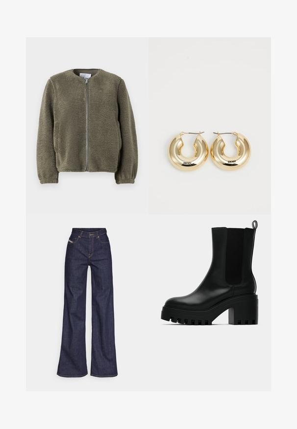 Fleecejacke in olivgrün mit einem runden Kragen, Frontreißverschluss, elastischen Bündchen und strukturiertem Stoff mit weichem Finish.; Weißes T-Shirt mit kurzen Ärmeln aus Baumwolle. Verfügt über einen runden Halsausschnitt und eine glatte Textur, mit minimal sichtbaren Nähten am Saum.; Dunkelblaue weite Jeans aus Denimstoff mit hoher Taille, ausgestattet mit orangefarbenen Nähten, fünf Taschen und einem Knopfverschluss.; Schwarze Leder-Stiefelette mit runder Zehenform, chunky Plateausohle und Netzseiteneinsätzen. Verfügt über eine Zuglasche für einfaches An- und Ausziehen.; Goldene Creolen mit einem glatten, abgerundeten Design und einer glänzenden Oberfläche, ausgestattet mit einem Verschluss zur Sicherung. Mit "DKNY" graviert.