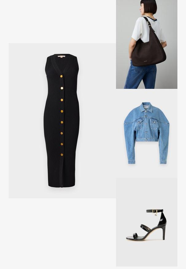 Jachetă din denim decolorat, scurtă, de culoare albastru deschis, cu mâneci lungi, închidere cu nasturi, două buzunare frontale cu clapă și guler, semnată Viktor & Rolf.; Rochie neagră din tricot cu nervuri, cu decolteu în V, design fără mâneci și butoane aurii pe față, având o siluetă ajustată.; Sandale negre din piele lacuită, cu trei curele, cataramă la glezna și toc stiletto de 10 cm. Prezintă detalii din metal auriu și un charm cu logo.; Geantă de mână din piele maro închis, cu formă triunghiulară, design elegant, accente metalice aurii și o curea lată pentru umăr.