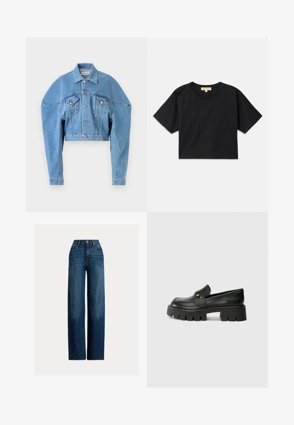 Ljusblå kort denimjacka med långa ärmar, knäppning framtill, två fickor med klaff på bröstet och krage av Viktor & Rolf.; Svart kortärmad t-shirt av bomull. Har rund halsringning och korta ärmar. "MICHAEL KORS" broderad i matchande färg framtill.; Breda ben denimjeans i mörkblått. Har hög midja, knappstängning och klassisk femfickdesign. Slät textur med subtil blekning.; Svarta läderloafers med en kraftig sula, som har en guldtonad detalj på framsidan och en slät yta. Kraftig mönstring på sulan.