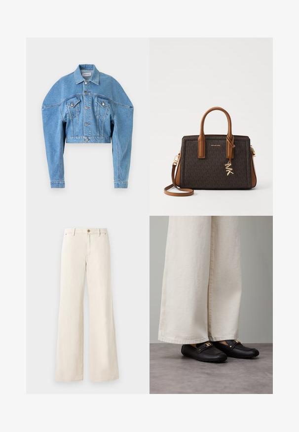 Svetlo modra skrajšana jeans jakna z dolgimi rokavi, sprednjim gumba, dvema žepoma s flapom na prsih in ovratnikom, avtor Viktor & Rolf.; Bela brezrokavna majica iz gladkega blaga, z okroglo izrezom in subtilnimi naborki na ramenih, s ukrivljenim robom.; Bež hlače širokih nogavic iz bombaža z gladko teksturo. Imajo gumb za zapiranje, sprednje žepe in klasičen dizajn pasu.; Črni usnjeni loaferji z zlato strojno opremo, nošeni z širokimi kremnimi hlačami, ki kažejo gladko teksturo in zaobljeno obliko.; MICHAEL Michael Kors LAILA SATCHEL - Torbica - brown