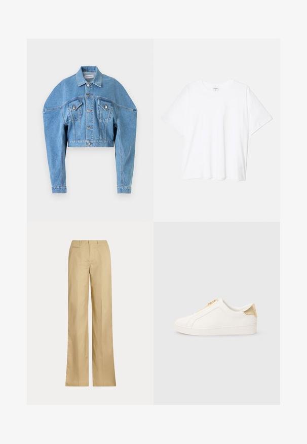 Heledsinine lühike denimmantel pika varruga, nööpidega ees, kahe klapiga rinna-taskuga ja kraega, autoriks Viktor & Rolf.; Valge puuvillane T-särk lühikeste varrukatega, ümmargune kaelus, mugav lõige ja õmmeldud serv. Silt nähtav kaela seest.; Beezid laiad püksid, mis on valmistatud siledast puuvillast, klassikalise vöökoht ja tagataskuga, sirge lõike ja minimaalsete detailidega.; Valged libisevad tossud, mis on valmistatud siledast nahast, kuldse tõmblukuga ja kontsa lähedal tekstuurse viimistlusega ning küljele embosseeritud logoga.