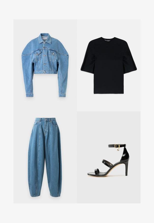 Jachetă din denim decolorat, scurtă, de culoare albastru deschis, cu mâneci lungi, închidere cu nasturi, două buzunare frontale cu clapă și guler, semnată Viktor & Rolf.; Top negru cu mâneci scurte, largi și evazate, cu un guler rotund, prezentat pe un fundal alb.; Rochie albă asimetrică, cu mai multe volane stratificate care coboară pe față și se extind mai mult pe o parte, fără modele vizibile.; Blugi din denim albastru, cu talie înaltă și croi lejer, cu plăci, buzunare frontale, bucle pentru curea și închidere cu buton și fermoar.; Sandale negre din piele lacuită, cu trei curele, cataramă la glezna și toc stiletto de 10 cm. Prezintă detalii din metal auriu și un charm cu logo.