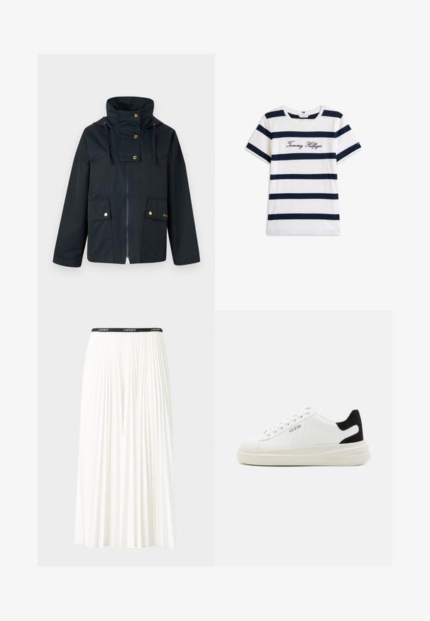 Dark blue waterproof jacket with high collar, gold hardware, two front pockets, and a zipper. Material appears smooth and durable.; Cotton T-shirt with horizontal navy stripes on a white background. "Tommy Hilfiger" embroidered in cursive on the chest. Crew neckline.; Pleated white skirt with a black elastic waistband featuring the "LACOSTE" logo. Mid-length design with soft texture.; White leather sneakers with a thick white sole, black suede heel accent, and embossed logo on the side. Laced design with six eyelets.