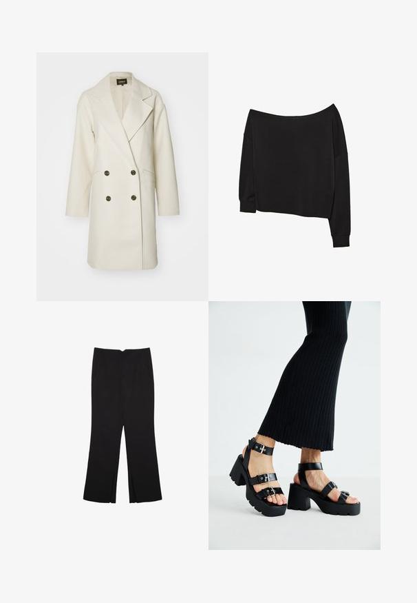 ONLY ONLBLAKE OVERSIZE COAT - Klasický kabát - moonbeam melange; Černý top s dlouhým rukávem a volným střihem, které se nosí přes ramena; měkká bavlněná směs; široký výstřih; volné rukávy; patentové manžety a lem.; Černé kalhoty s rovným střihem, s předními kapsami a bočními rozparky na lemu. Vyrobené z jemné, hladké tkaniny. Vhodné na různé příležitosti.; Černé platformové sandály s robustními podrážkami a několika řemínky, s kovovými sponami a hladkým koženkovým povrchem.