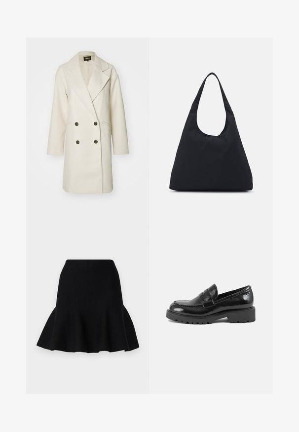 ONLY ONLBLAKE OVERSIZE COAT - Manteau classique - moonbeam melange; Pull à col roulé en maille blanche, avec une coupe courte, doté de poignets et d'un ourlet côtelés. Texture douce avec un design épais et confortable.; Jupe évasée noire en tissu doux. Dotée d'une taille ajustée et d'un ourlet ondulé, créant une apparence superposée.; Mocassin en cuir verni noir avec un bout structuré, une sangle décorative sur le devant, et une semelle épaisse et robuste. Fini lisse et brillant.; Sac en tissu noir avec une seule sangle large pour l'épaule. Forme douce et semi-structurée, texture lisse ; design minimal, sans matériel visible.; Boucles d'oreilles dorées avec une forme lisse et arrondie, dotées d'une surface réfléchissante et d'un fermoir à tige pour un maintien sécurisé.