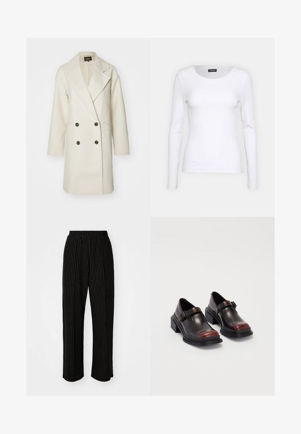 ONLY ONLBLAKE OVERSIZE COAT - Klasičan kaput - moonbeam melange; Bijela rebrasta dugosveđa majica s okruglim izrezom. Izrađena od rastezljivog materijala koji se prilagođava tijelu. Sadrži suptilne horizontalne linije.; Crne široke hlače s bijelim vertikalnim prugama, s elastičnim pojasom za udobnost i glatkom, mekom teksturom.; Cipele s blok potpeticom od kože, s sjajnom tamnocrvenom završnom obradom, opremljene remenom s kopčom i dizajnom s okruglim nosom. Teksturirani đon za prianjanje.