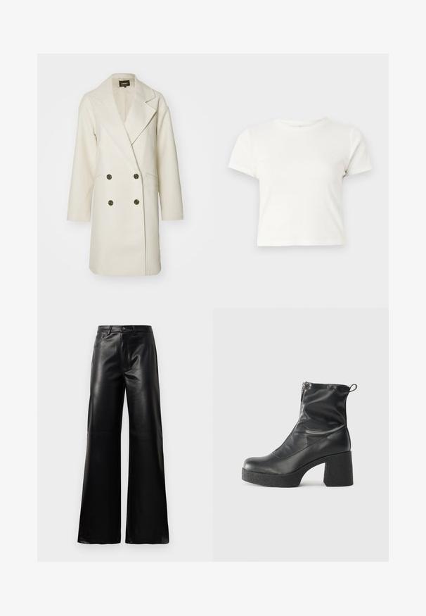 ONLY ONLBLAKE OVERSIZE COAT - Abrigo clásico - moonbeam melange; Camiseta corta blanca de algodón con mangas cortas, cuello redondo y dobladillo recto, con una textura suave y un diseño minimalista.; Pantalones de imitación de cuero negros de cintura alta y pierna ancha con botón frontal, cierre de cremallera, pasadores para cinturón y bolsillos laterales sobre fondo blanco.; Botines negros de tobillo, hechos de cuero suave, con cierre lateral, tacón grueso texturizado y diseño de punta redondeada.