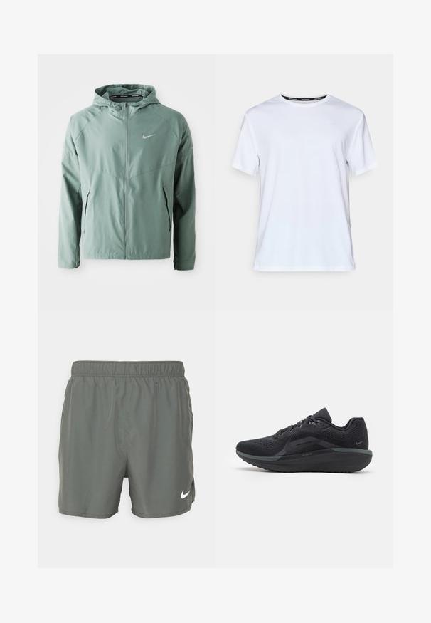 Light green Nike jacket featuring a hood, zip closure, side pockets, and a reflective logo. Made from a smooth, lightweight material.; White short-sleeve t-shirt made of smooth fabric. Features a small light blue logo on the chest and a black neck tag with "NIKE RUNNING."; Nike swim shorts in dark green. Made of lightweight material with an elastic waistband, featuring a white logo on the lower right side.; Black athletic shoe with a breathable mesh upper, textured details, cushioned sole, and reflective accents. Side view shows streamlined design.