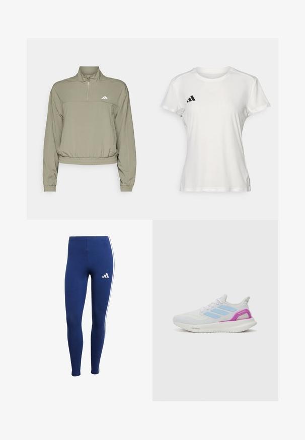 adidas Performance AEROREADY szary; Biała koszulka sportowa z materiału odprowadzającego wilgoć. Krótkie rękawy, okrągły dekolt, z czarnym logo i emblematem z trzema paskami na lewej piersi.; Granatowe legginsy z białymi paskami po bokach i logo marki na dolnej części nogawki. Wykonane z elastycznego materiału dla komfortu i swobody ruchu.; adidas Performance PUREBOOST 5 biały