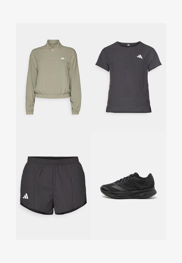adidas Performance AEROREADY TRAIN ESSENTIALS QUARTER ZIP - Verryttelytakki - silver pebble; Lyhythihainen urheilupaita, tummanharmaa, jossa on reikäkudot. Ominaisuuksina valkoinen logo ja kontrastiväriset sivusuunnat. Pyöreä pääntie.; Mustat urheilushortsit kevyestä kankaasta, joissa on joustava vyötärö ja valkoinen Adidas-logo vasemmassa alakulmassa.; Mustat juoksukengät, joissa on hengittävä verkkoyläosa, pyöreä varvas, sulavalinjainen muotoilu, teksturoidut yksityiskohdat ja pehmustettu pohja mukavuutta varten.