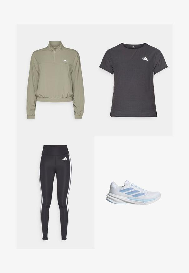 adidas Performance AEROREADY TRAIN ESSENTIALS QUARTER ZIP - Jakna za treniranje - silver pebble; Majica kratkih rukava za sport, tamno siva s perforiranim uzorkom. Ima bijeli logo i kontrastne bočne pruge. Zaobljeni izrez.; Crne tajice visokog struka, s bijelim bočnim prugama i malim bijelim logotipom na gornjem lijevom bedru. Izrađene od glatkog, rastezljivog materijala.; Bijele trkačke tenisice s laganim plavim akcentima, prozračna mrežasta gornja strana, dizajn s tri pruge, podstava za ublažavanje i teksturirana podloga za prianjanje.