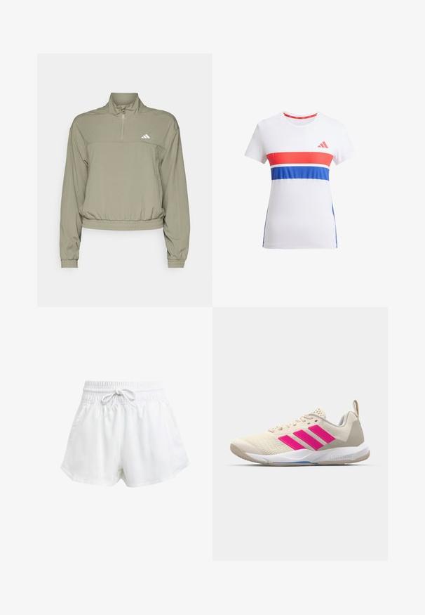 adidas Performance AEROREADY TRAIN ESSENTIALS QUARTER ZIP - Training jacket - silver pebble; White athletic t-shirt featuring red and blue horizontal stripes, round neckline, short sleeves, and a logo on the chest.; White athletic shorts with an elastic waistband and adjustable drawstring. Made from lightweight material, featuring side pockets and a loose fit.; Beige athletic shoe with pink three-stripe logo, textured mesh upper, padded collar, and white rubber sole, featuring "LIGHTSTRIKE" branding.
