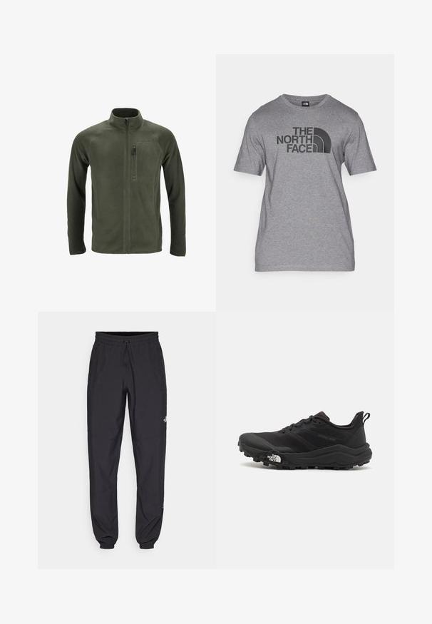 Olive green fleece jacket with a high collar, full front zip, and a left chest zip pocket. Features raglan sleeves and smooth texture.; Gray short-sleeve t-shirt made of cotton blend, featuring a black graphic print of "THE NORTH FACE" and a curved logo detail on the front.; Black athletic pants made from lightweight fabric, featuring a drawstring waistband, side pockets, and tapered cuffs at the ankles.; Black trail running shoe with a textured upper, rubber sole, and reinforced toe cap. Features a padded collar and pull tab for easy wear.