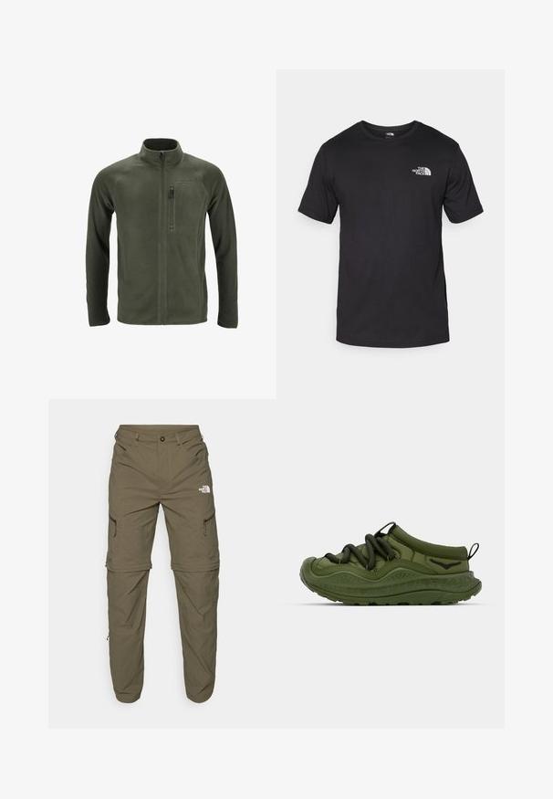 Olijfgroen fleece jack met hoge kraag, volledige voorkant rits en een ritszak op de linkerborst. Beschikt over raglanmouwen en een gladde textuur.; Zwarte T-shirt met korte mouwen van katoen, voorzien van een ronde halslijn en een klein wit logo op de bovenste linkerkant van de borst.; The North Face EXPLORATION TAPERED CONVERTIBLE - Outdoorbroeken - new taupe green; Groene sneaker met een gestructureerde rubberen zool, elastische veters en een glad bovenwerk van stof. Kenmerken zijn een ronde neus en een subtiele logodetail.