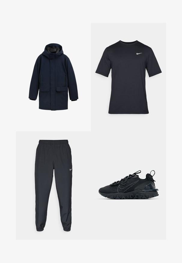 TOM TAILOR DENIM MIT KAPUZE - Zimski plašč - sky captain blue; Črna kratkotrajna majica Nike iz gladkega materiala, z belim logotipom Swoosh na zgornji levi strani, okrogel izrez.; Črne trenirke iz lahkega materiala z elastičnim pasom, manšetami na gležnjih in diskretnim logotipom Nike na levi strani.; Črne športne čevlje z zračno mrežno zgornjim delom, strukturiranimi dodatki in valovitim gumijastim podplatom. Imajo odsevni logo in sistem vezalk.