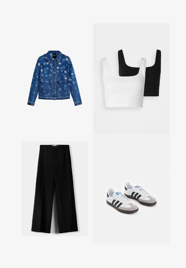 Sininen farkkutakki, jossa on kukkakirjontaa, mukaan lukien päivänkakkaroita ja muita kuvioita. Ominaisuuksiin kuuluu klassinen kaulus, kaksi etutaskua ja napitus.; Even&Odd 2 PACK - Toppi - black/white; Mustat leveälahkeiset housut, jotka on valmistettu kevyestä kankaasta. Housuissa on etunappikiinnitys ja tasainen etuosa, sekä huolellisesti ommellut helmat.; Urheilukengät, joissa on valkoinen nahkainen päällinen, harmaa mokkanokka ja kolme mustaa raitaa. Ominaisuuksina sininen logo kielekkeessä ja kuvioitu kumipohja.