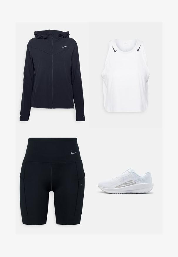 Nike Performance SWIFT - Giacca da running - black/reflective silver; Top senza maniche bianco realizzato in tessuto leggero, con accenti del logo Nike nero sulle spalle, scollatura rotonda e vestibilità morbida.; Shorts sportivi neri a vita alta realizzati in materiale elasticizzato; presentano tasche laterali e un piccolo logo Nike sulla vita.; Scarpa sportiva bianca con tomaia in rete, punta arrotondata e suola testurizzata. Presenta il logo Nike in argento e un design minimalista.